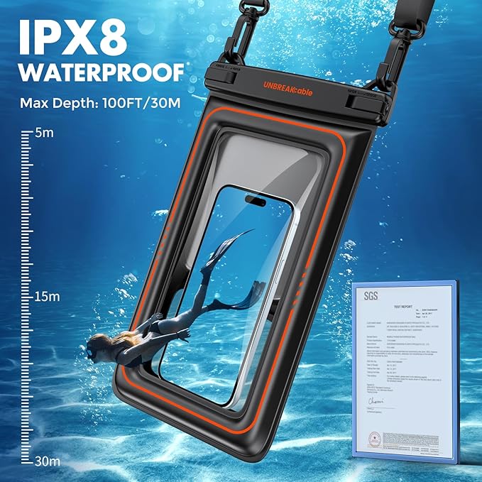 UNBREAKcable [UP to 9.5" Extra Large Waterproof Phone Pouch Floating [Sponge Cushion] IPX8 Phone Case Dry Bag for iPhone 16 15 14 Pro Max Samsung S25, Travel Kayaking Beach Essentials - 2 Pack Black