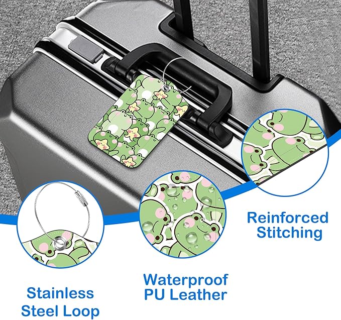 Cute Frog Luggage Tags for Suitcases Leather Travel Tags for Luggage ID Label with Privacy Cover and Stainless Steel Loop for Men Women Suitcase Backpack, Set of 2