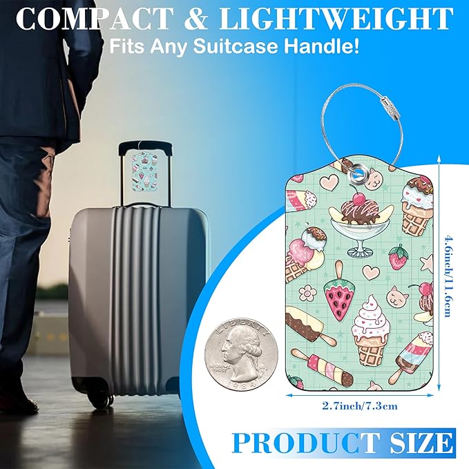 Cute Ice Cream Doole Luggage Tags for Suitcases Leather Travel Tags for Luggage ID Label with Privacy Cover and Stainless Steel Loop for Men Women Suitcase Backpack, Set of 2