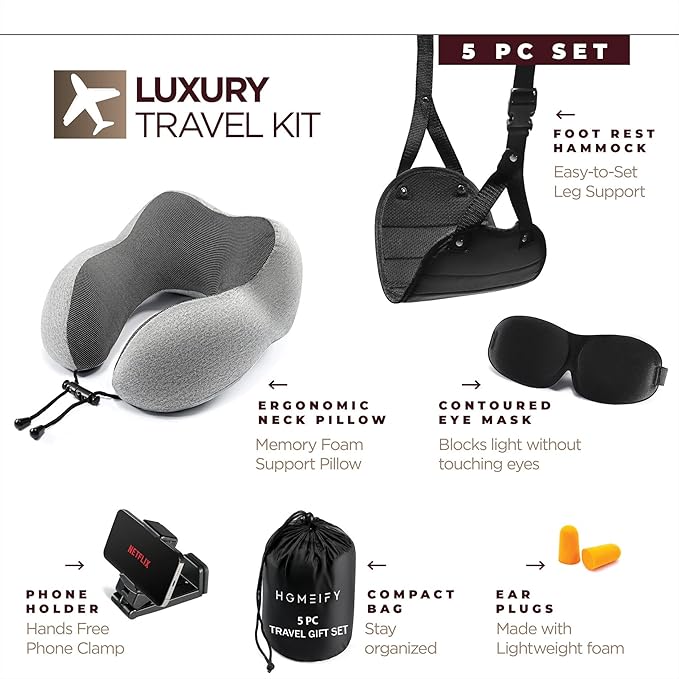 Airplane Neck Pillow Includes Travel Pillow + Airplane Phone Holder Mount + Eye Masks + Foot Hammock + Earplugs for Travel, 100% Pure Memory Foam Travel Pillow, 6 Pc Travel Kit