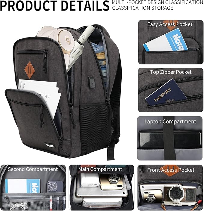 Black Backpacks for Men, Backpack for School, School Backpack for Boys Teens, 15.6 inch Laptop Back Pack with USB Charging Port, College Book Bag, Business Work Travel Bookbag, mochilas para hombres