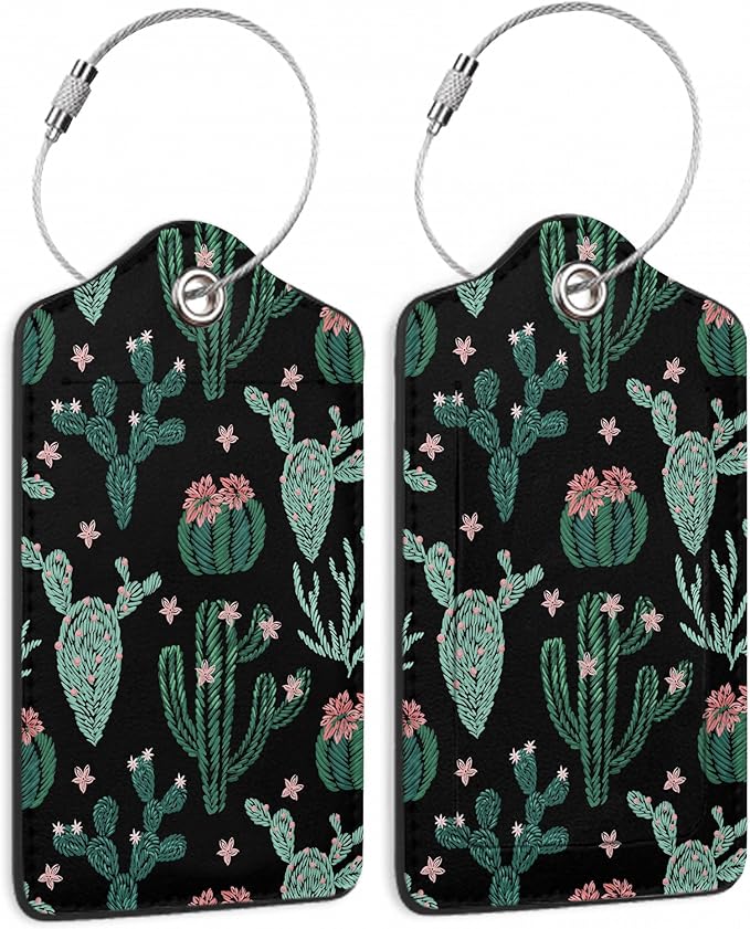 Abstract Cactus Plants Luggage Tag for Suitcase 2 Pcs Unique Leather Suitcase Tags with Full Privacy Cover Stainless Steel Loop for Women Men Travel Baggage Bag Backpack