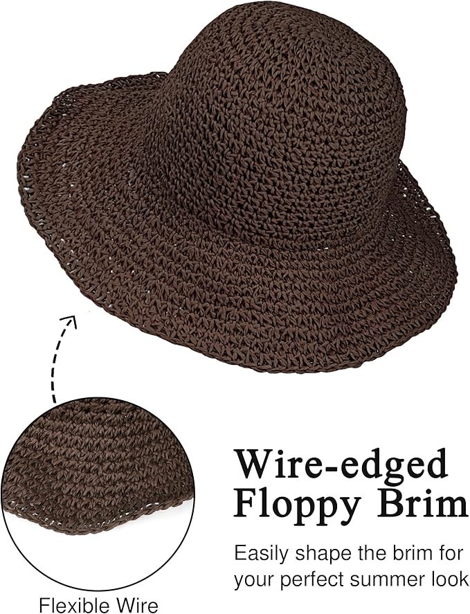 Womens Wide Brim Straw Sun Hat Foldable Floppy Crochet Beach Hat for Summer
