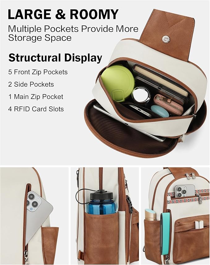 FADEON Large Sling Bag for Women, Leather Crossbody Purse Designer Anti Theft Sling Backpack, RFID Fanny Packs for Travel
