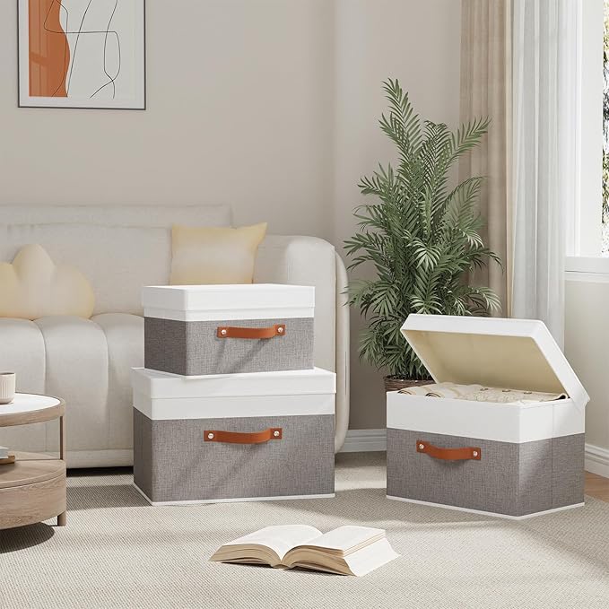 Fabric Storage Boxes with Lids, Linen Foldable Cloth Baskets, 17.7 x 11.8 x 11.8 Inch Closet Organizer Containers with Double Handles, Sweater Bins for Bedroom, White and Grey, 1 Pack