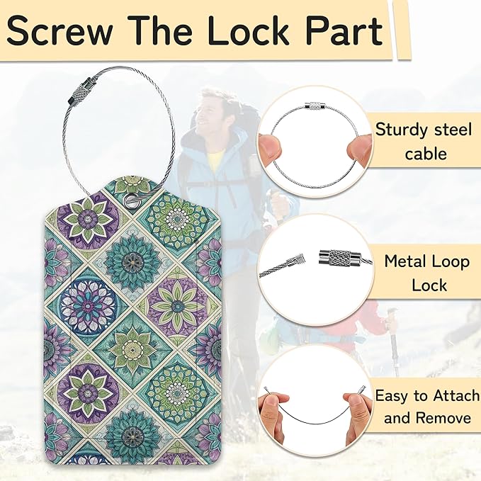 Vintage Mandala Floral Luggage Tag for Suitcase,Design with Privacy Flap Name ID Label Metal Loop, 3 Pack