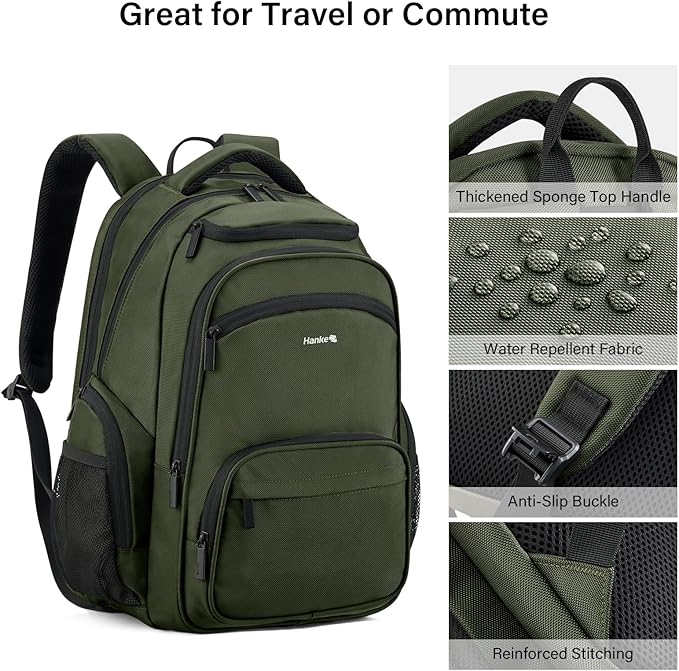 Hanke College Laptop Backpack Multi-Pocket, 18-Inch Large Travel Backpack for Men Women, Water Resistant College Bookbag for 15.6 Inch Laptop, Casual Daily Personal Item Size,Army Green