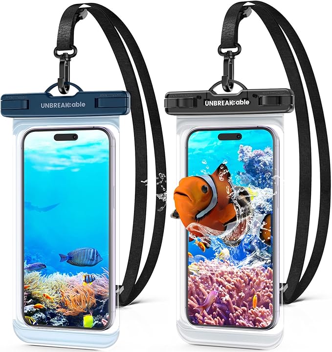UNBREAKcable Waterproof Phone Pouch-2 Pack IPX8 Waterproof Phone Case for iPhone 16 15 14 13 12 11 Pro Max & Samsung S25 S24-Dry Bag & Travel Essentials for Beach, Pool, Kayak & Cruise-7" Black+Blue
