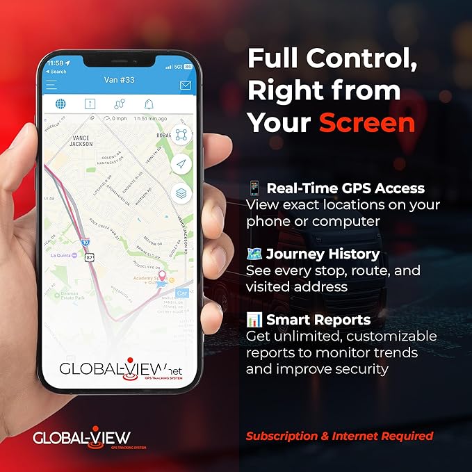 Global View Hidden Magnetic GPS Tracker – Real-Time Car Tracker, Subscription Required – Quick Setup, Magnetic Backing, Fleet Tracking Device Software, Long Battery Life, Geofence, Speed Alert