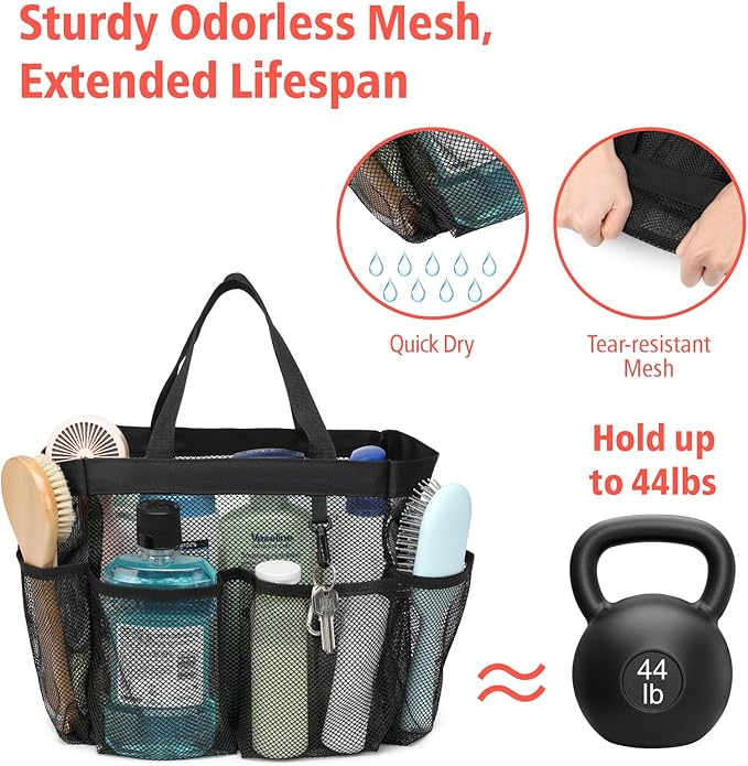 F-color Mesh Shower Caddy Portable - 2 Handles Upgrade Deeper 7 Pockets Basket Bag Tote for College Dorm Room Toiletry Bathroom Essentials Gym Camp Quick Dry with S Hook, 2 Pack, Black & Leopard