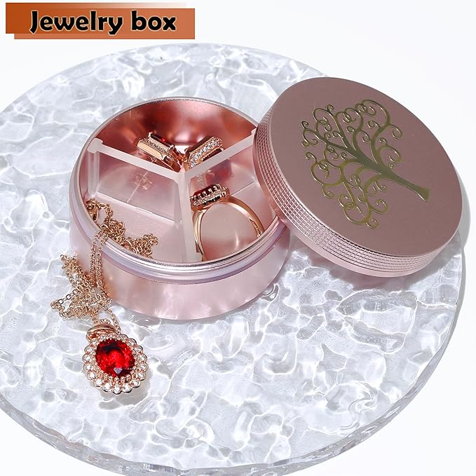 Small Pill Case 3 Compartments, Metal Round Portable Pill Box, Waterproof Travel Pill Organizer, Pocket Purse Medicine Vitamin Holder EDC Container (Rose Gold with Life Tree)