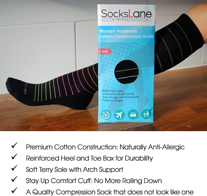 Cotton Compression Socks for Women & Men. 15-20 mmHg Support Knee-High Solid White M/L