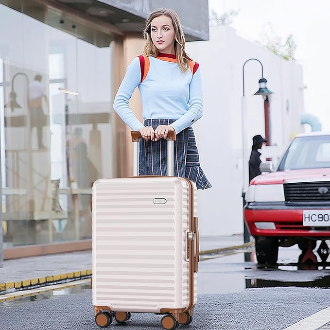 SHOWKOO Carry On Luggage Hardshell Lightweight Luggage Set, Suitcase with Double Spinner Wheels Tsa Lock White 3 piece set Beige White (DB/TB/20in)