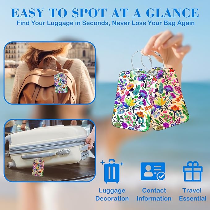 Colorful Flowers and Tropical Leaves Luggage Tags for Suitcases Leather Travel Tags for Luggage ID Label with Privacy Cover and Stainless Steel Loop for Men Women Suitcase Backpack, Set of 2