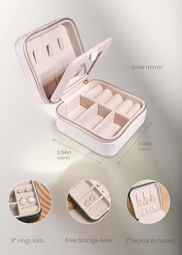 S.Leaf Travel Jewelry Organizer Travel Jewelry Boxes for Women Small Jewelry Travel Case Box Portable Travel Jewelry Case Travel Case Mini Jewelry (10_Pattern_Crocodile_White)