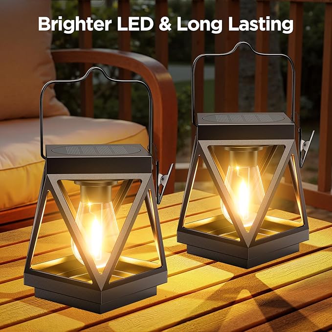 KOOPER 2 Pack Solar Lanterns Outdoor Waterproof, Upgraded Black Metal Hanging Solar Lights Outdoor Lanterns Decorative for Yard Patio Table Pathway Garden Decor