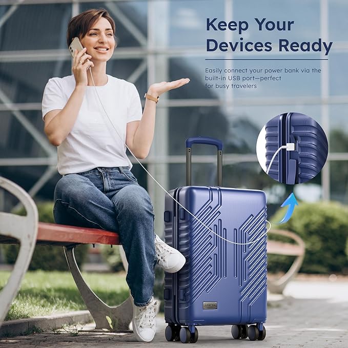 ALPHA CAMP 20-inch Carry On Luggage Airline Approved - PC+ABS Lightweight Suitcase with Built-in TSA Lock，Hard-shell Durable Rolling Luggage with USB Port