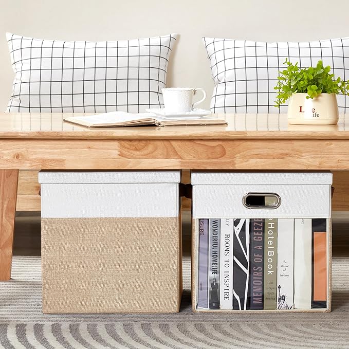Fabric Storage Cubes with Clear Windows and Lids, 13'' Foldable Storage Bins with 3 Handles, Decorative Storage Boxes for Home, Bedroom, Closet, Office (Beige & White)