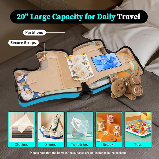 CNCEST 20"/24" Kid's Ride-on Travel Suitcase,Travel Rolling Luggage with Wheels Carry Trolley Luggage with Password Lock,Children's Ride On (20” Blue)