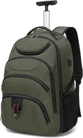 Boavan Rolling Backpack,17 inch Water Resistant Wheeled Backpack,Carry on Luggage Business Bag, Overnight College Computer bag Trolley Suitcase for Men Women Adults to Travel，Green