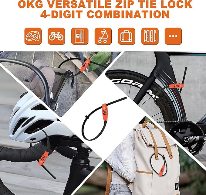OKG 4-Digit Combination Zip Tie Lock - Anti-Scratch Stainless Steel Cable Bike Lock with Resettable Code, Secure Helmets, Skis, Prams, Luggage, Cabinet, French Doors, and More (Orange)