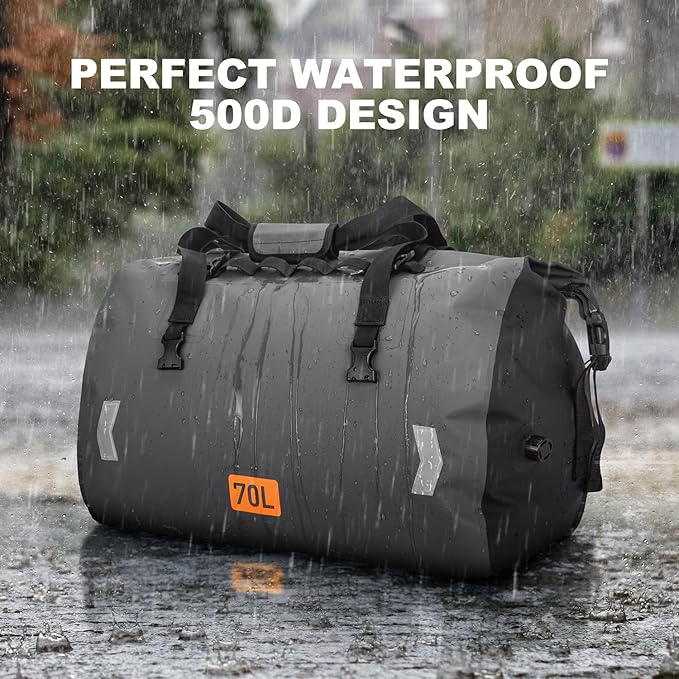 Waterproof Duffel Bag, 70L Roll-top Motorcycle Dry Bag with Air Valve & Quick-fixed Straps, Travel Duffle Bags for Kayaking Paddle Boarding Rafting Boating Camping Riding Fishing - Grey