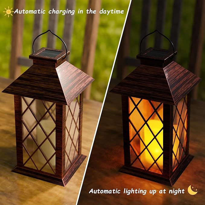 Outdoor Solar Lanterns, Waterproof Hanging Lantern with LED Flickering Flameless Candle, 13'' Bronze Outdoor Solar Powered Lantern Decor for Porch Patio Garden Balcony Pathway, 1 Pack