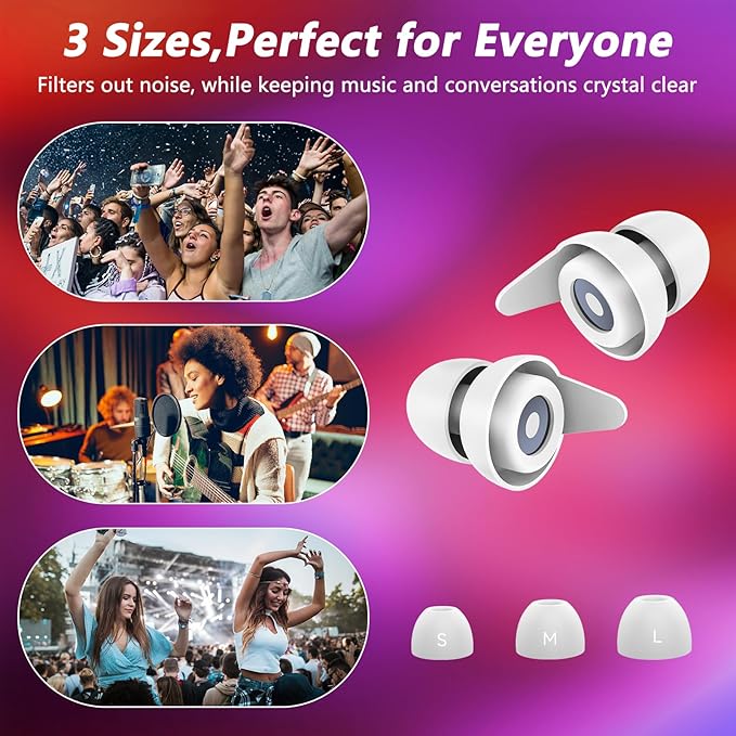 High Fidelity Concert Ear Plugs - 27dB Noise Reduction,2-Pair Reusable Silicone 3 Sizes (S/M/L), Ergonomic Secure Fit & Aluminum Case for Festivals, Live Music, Sports, Motorcycle, Travel