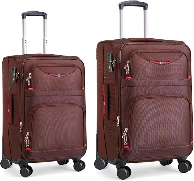 Softside Expandable Luggage with 4 Spinner Wheels, Durable Carry-On Luggage Suicase (Coffee, 2-Piece Set 21/25)