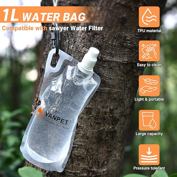 1L Hiking Collapsible Water Bottles, 33OZ BPA-Free Plastic Flasks, Reusable Drink Bags, Foldable Backpacking Water Bottle for Travel Camping Hiking (4-Pack)