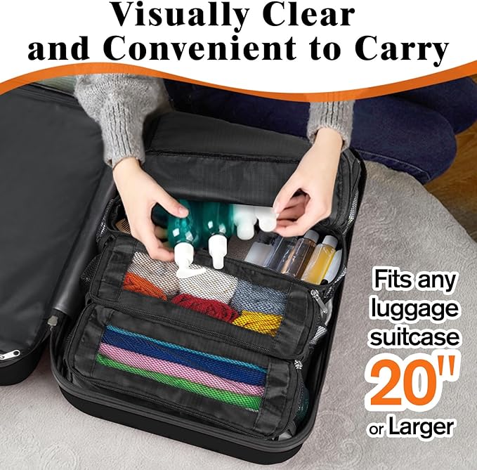 Hanging Travel Organizer, Carry-on Luggage Suitcase Organizer, Portable Shelves Packing Cube for Cruise Essentials, Small, Black
