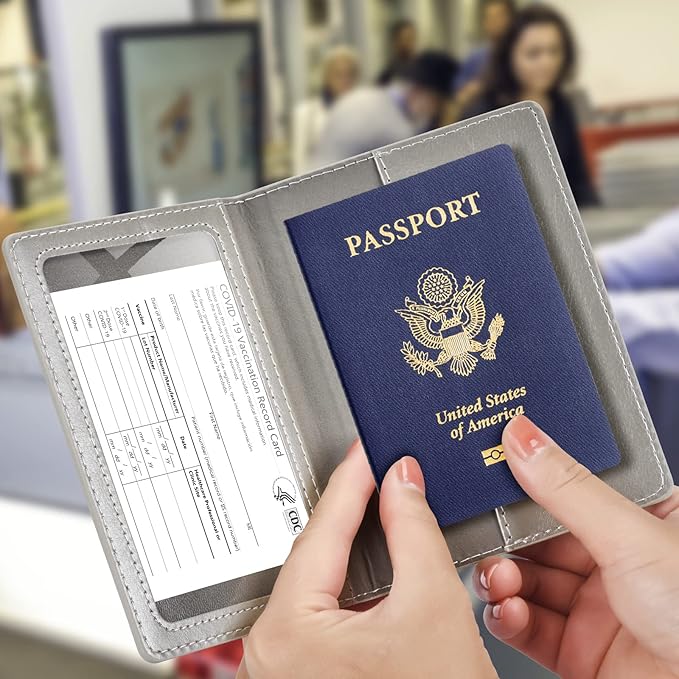 Passport and Vaccine Card Holder Combo, Passport Holder with Vaccine Card Slot, Passport Wallet, Passport Cover, Passport Case, Passport Holder for Women and Men(AJ-grey)