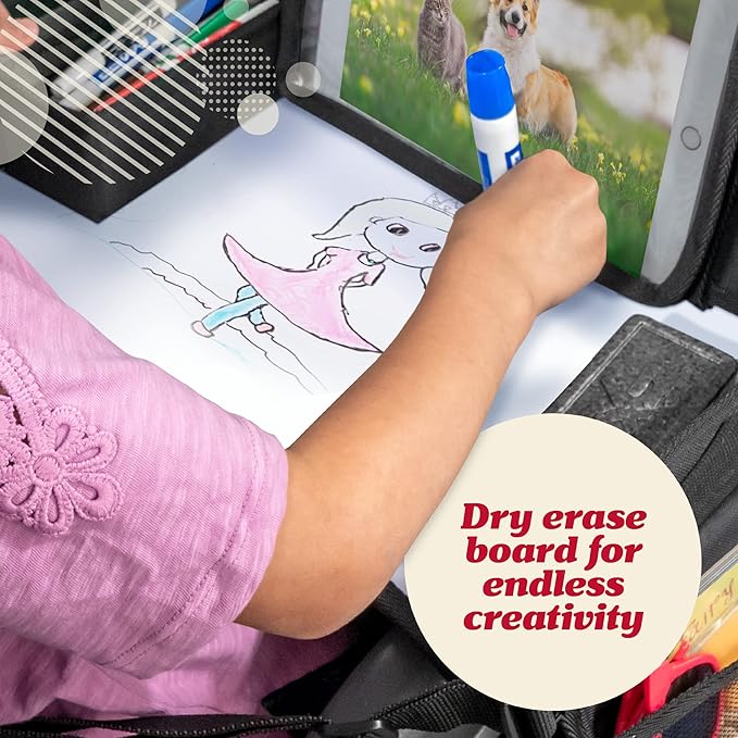 Lusso Gear Kids Travel Tray for Car - Road Trip Essentials for Kids - Car Seat Tray for Travel - Toddler Travel Lap Desk and Organizer - Holds Snacks, Water Bottle, Toys (Blue)