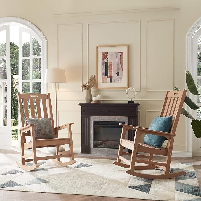 Psilvam Oversized Outdoor Rocking Chair Set of 2, Porch Rocker with 21" Wide Seat and 32" Tall Backrest, Pre-Assembled with Most Components for Effortless Installation (Teak Color)
