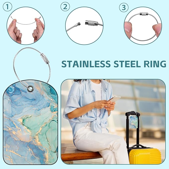 Emerald Marble Luggage Tag for Suitcase Set of 2 PU Leather Cute Luggage Tags with Stainless Metal Loop ID Label Privacy Flap Suitcase Tags for Women and Men Travel