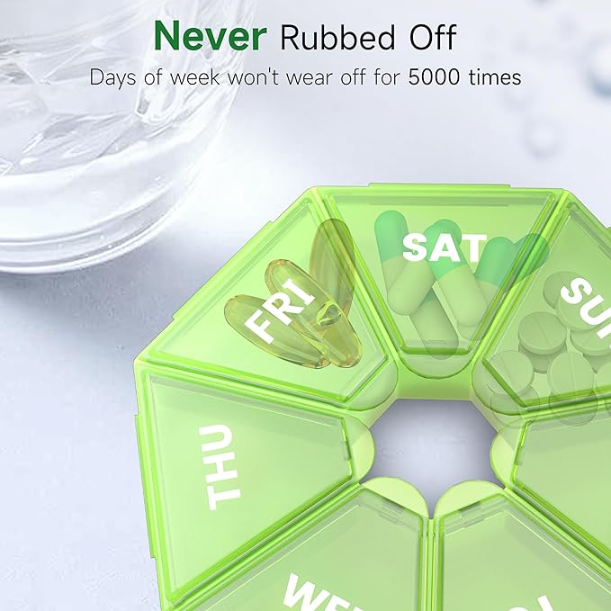 Weekly Pill Organizer, 2 Pack Portable Pill Box Medicine case 6 Colors (Seven Day) New Edition for Vitamin/Fish Oil/Pills/Supplements-Arthritis Friendly (Green)