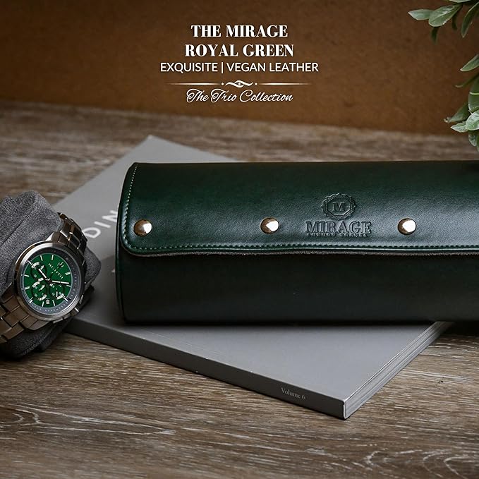Watch Cases for Men – Travel Watch Roll Case – 3 Watch Travel Case Holder Organizer and Display - Royal Green Vegan Leather
