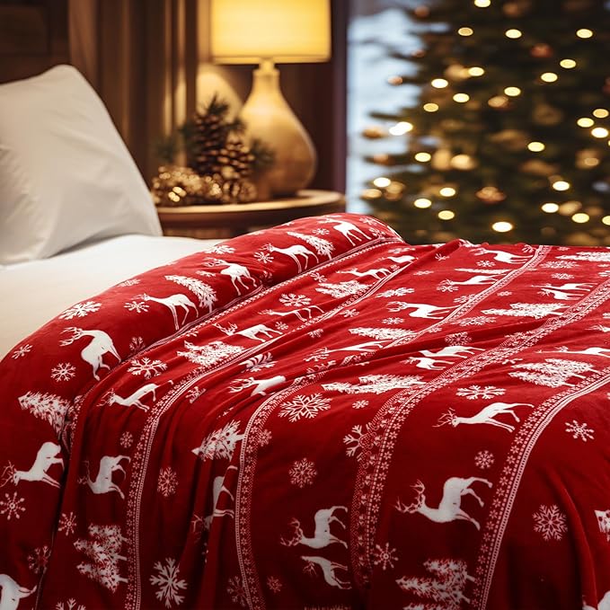 PHF Printed Fleece Blanket Twin Size, No Shed No Pilling Ultra Soft Plush Cozy Xmas Prints Theme Home Décor Flannel Blanket for Bed, Sofa, Couch and Gift, 66" x 90", Reindeer and Trees, Red