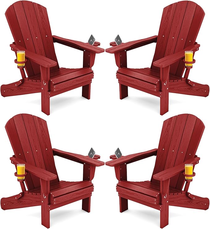 SERWALL Adirondack Chair with Cup Holders - Composite Adirondack Chairs Set of 4 HDPE Outdoor Chairs All Weather Use- Dark Red