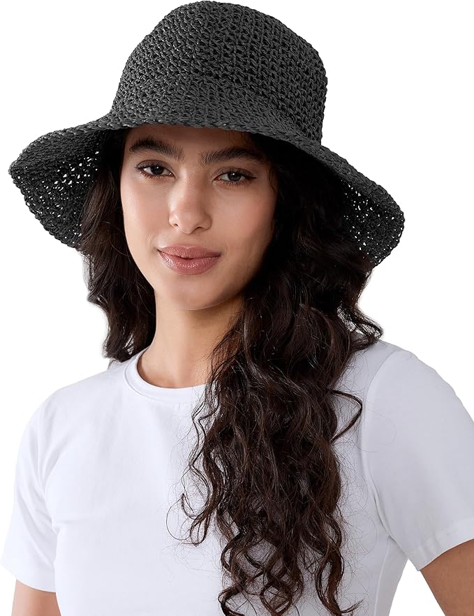 Womens Wide Brim Straw Sun Hat Foldable Floppy Crochet Beach Hat for Summer