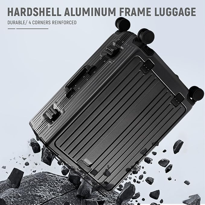 UrbanExplorer 24 Inch Check-In Aluminum Frame Luggage, ABS+PC Hard Shell Suitcases with Spinner Wheels TSA Approved Checked Luggage, Zipperless Suitcases with Cup Holder, Gray