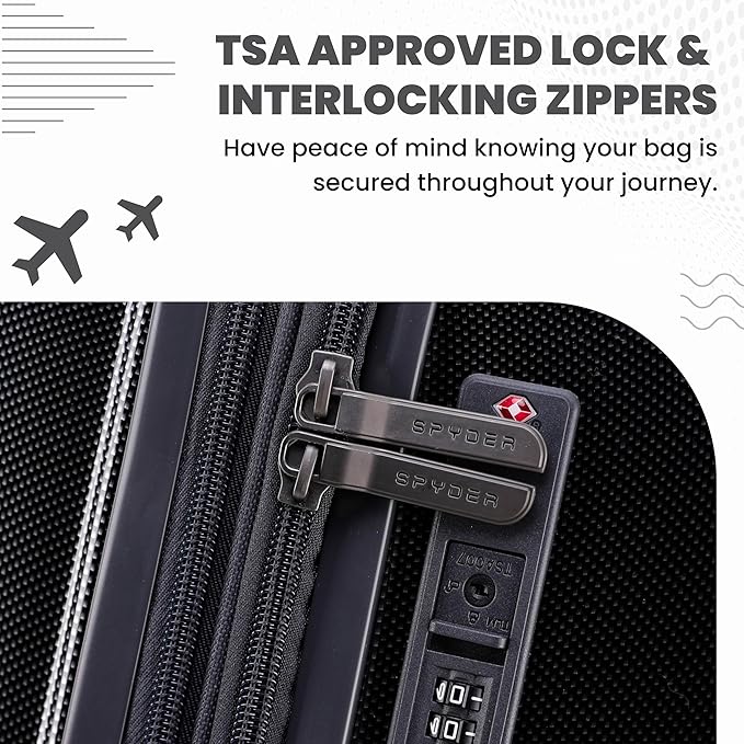 Spyder Rails 3 Piece Luggage Set with 360° Spinner Wheels, TSA Approved Lock, (20 Inch Carry On, 25 Inch Medium, 29 Inch Large), Black