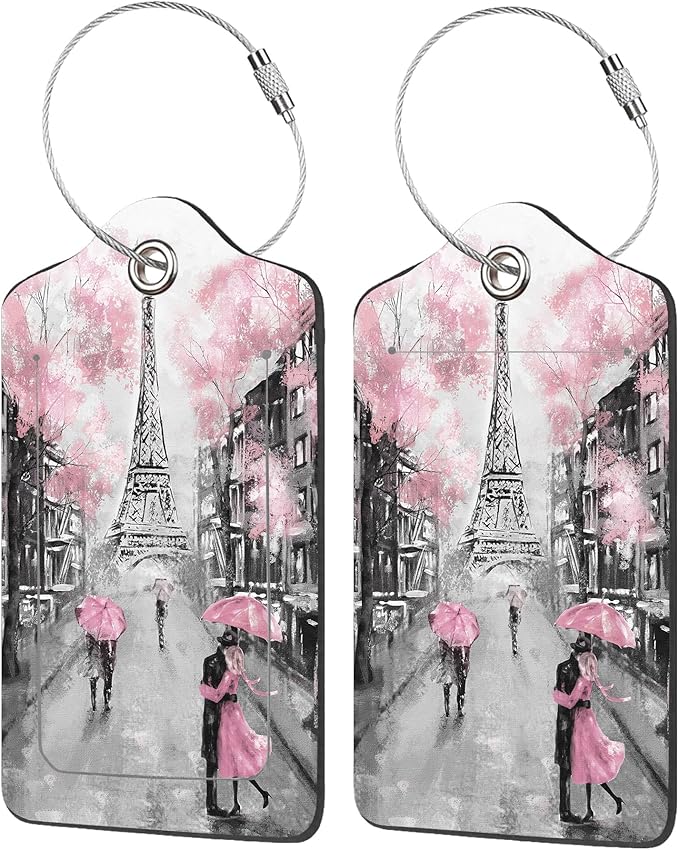 Luggage Tags for Suitcase,2 Pack Paris and Eiffel Tower Luggage Tag with Privacy Flap,Name ID Label and Metal Loop for Women Men Girls Baggage Bag Backpack Instrument