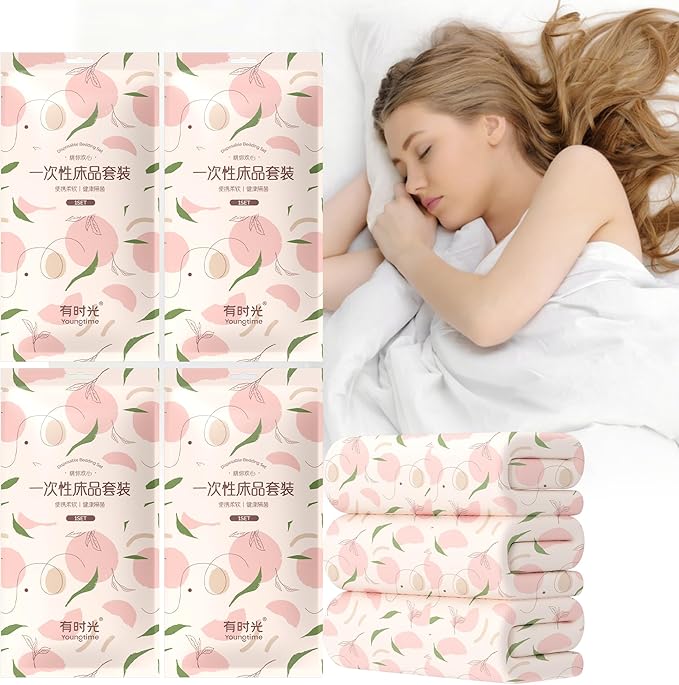 YOUNGTIME Disposable Bed Sheets Fitted Sheet,Disposable Portable Bedding Set with 4 Bed Sheet 4 Quilt Cover and 8 Pillowcase for Travel Hotel SPA,Peach,4 Pack
