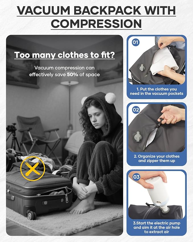 Vacuum Backpack Travel With Pump,Mochila De Viaje Compresion Al Vacio,Personal Item Travel Backpack With Vacuum System,Large Carry On Vacpack Backpacks For Women Men,Black