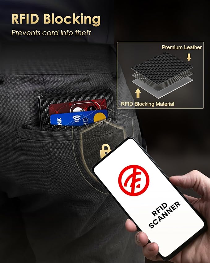2025 Upgraded Minimalist Wallet for Men - RFID Blocking Credit Card Holder Case Leather Pop Up Aluminum Wallet with Cash Slot, Front Pocket ID Window Gift Boxed (Carbon Fiber - with Airtag Holder)