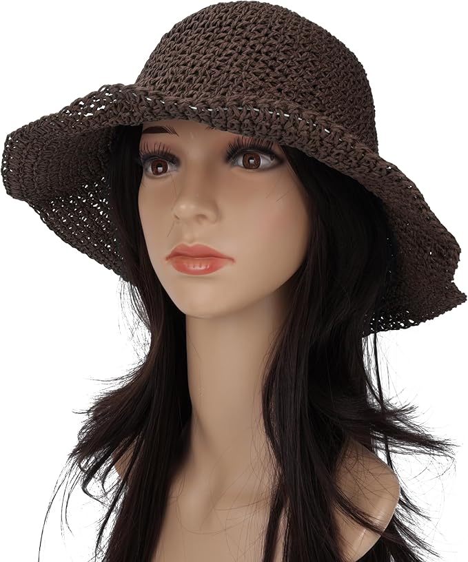 Womens Wide Brim Straw Sun Hat Foldable Floppy Crochet Beach Hat for Summer