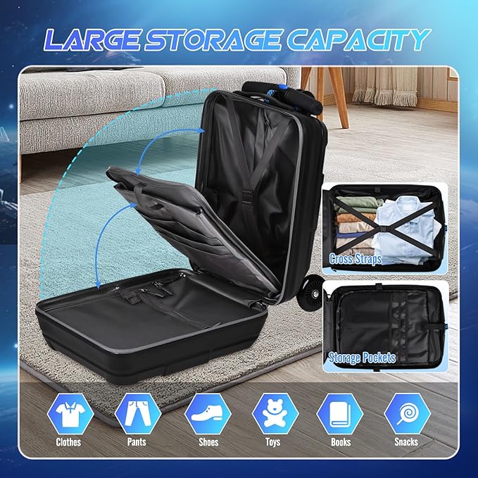smilesun Scooter Suitcase for Kids & Adults, Foldable Carry On Travel Luggage, Hardside Ride on Scooter Suitcase with LED Light up Wheels，Black