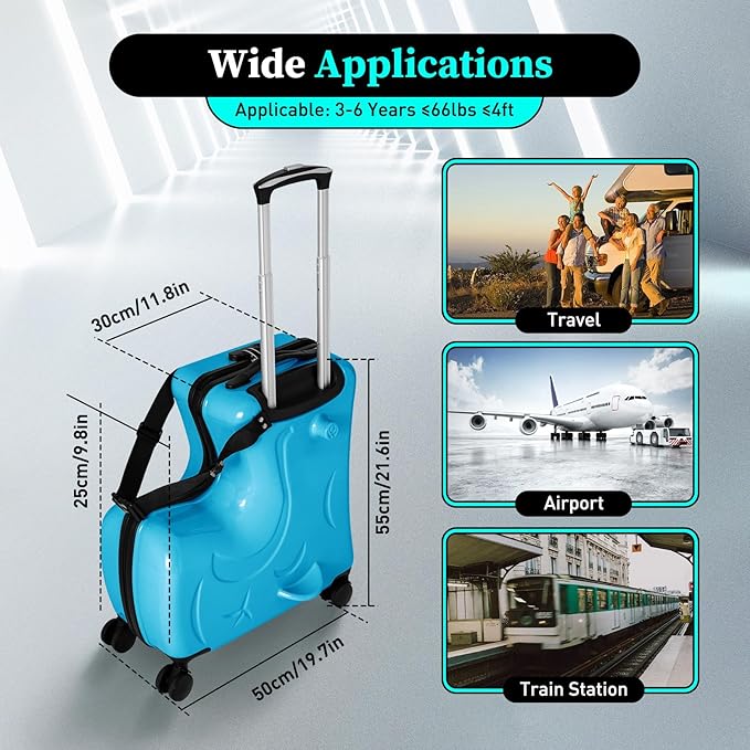 CNCEST 20"/24" Kid's Ride-on Travel Suitcase,Travel Rolling Luggage with Wheels Carry Trolley Luggage with Password Lock,Children's Ride On (20” Blue)