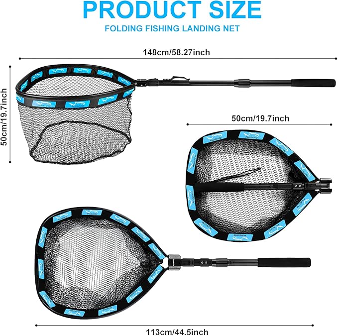 PLUSINNO Floating Fishing Net for Steelhead, Salmon, Fly, Kayak, Bass, Trout Fishing, Catfish, Rubber Coated Landing Net for Easy Catch & Release for Easy Transportation & Storage
